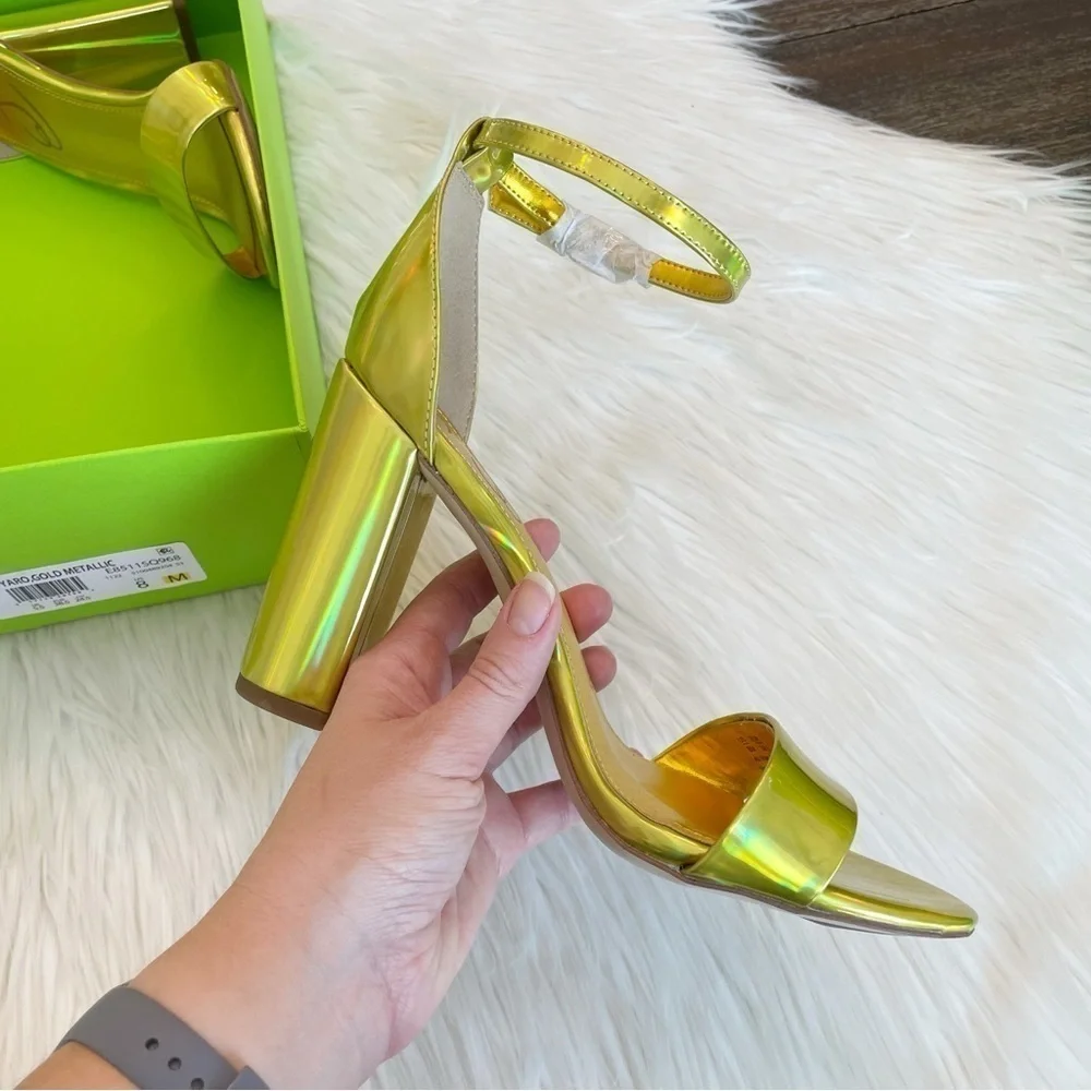New Sam Edelman Women’s Yaro Ankle Strap Block Heel Sandal in Mimosa Gold Size 8